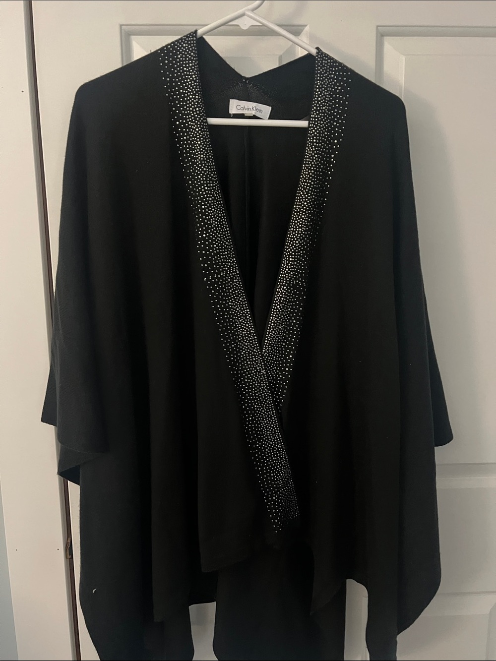 Calvin Klein Black Open-Front Draped Poncho with Rhinestone Trim- one size